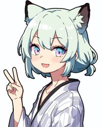 1girl animal_ear_fluff animal_ears aqua_hair blue_archive blue_eyes from_side hand_up japanese_clothes kimono long_sleeves looking_at_viewer looking_to_the_side multicolored_eyes open_mouth pink_eyes shigure_(blue_archive) shigure_(hot_spring)_(blue_archive) short_hair simple_background smile solo upper_body v weasel_ears weasel_girl white_background white_kimono yellow_eyes yukata yuuji_overall