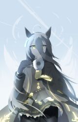 1girl absurdres ahoge animal_ears animal_print belt black_belt black_coat black_gloves black_hair black_pantyhose black_skirt black_vest blue_sky cat_print closed_mouth coat collared_shirt cup ear_tag earrings floating_clothes gloves hair_between_eyes hand_up highres holding holding_cup horse_ears horse_girl horse_tail jewelry l_kirschblute long_bangs long_hair long_hair_between_eyes long_sleeves manhattan_cafe_(umamusume) multicolored_hair necktie open_clothes open_coat pantyhose pleated_skirt shirt single_earring skirt sky solo steam tail umamusume very_long_hair vest white_hair white_shirt yellow_eyes yellow_necktie
