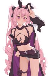 1girl absurdres animal_ears arm_up armpits bare_shoulders black_bra black_jacket black_skirt blush bra breasts clothes_lift commentary commission crop_top crossed_fingers drill_hair dungeon_and_fighter english_commentary eyewear_between_breasts fake_animal_ears highres holster jacket lifting_own_clothes long_hair long_sleeves looking_at_viewer mawe127 medium_breasts midriff navel open_clothes open_shirt panties pink_hair purple_eyes rabbit_ears simple_background skirt skirt_lift solo thigh_holster twin_drills underwear unworn_eyewear white_background white_panties