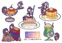 1boy 1girl ^_^ black_hair blue_eyes blush butter butterfly_hair_ornament cake cake_slice candy cherry chibi closed_eyes commentary_request confettocandy cup demon_slayer_uniform drinking_straw food fork fruit hair_bun hair_ornament haori haori_on_shoulders holding holding_fork ice_cream ice_cream_cup japanese_clothes kimetsu_no_yaiba kochou_shinobu maple_syrup on_shoulder pancake plate ponytail pudding purple_eyes purple_hair sidelocks simple_background sitting smile spoon strawberry_shortcake tomioka_giyuu twitter_username whipped_cream white_background wide_sleeves