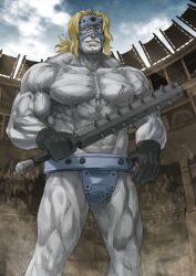 Rule 34 | 1boy, abs, black gloves, blonde hair, blue sky, cleft chin, clothing request, cloud, club (weapon), colored skin, colosseum, crowd, fate/grand order, fate (series), feet out of frame, gloves, grey eyes, grey skin, grin, holding, holding club, holding weapon, konoe ototsugu, legs apart, looking at viewer, low ponytail, male focus, muscular, muscular male, navel, nipples, official art, outdoors, pectorals, ponytail, revision, scar, scar on arm, scar on chest, sidelocks, sky, smile, solo, spartacus (fate), standing, teeth, third-party source, topless male, variant set, weapon