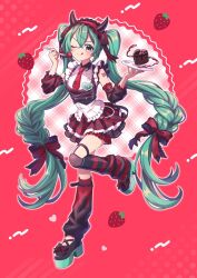 1girl aqua_hair asymmetrical_legwear black_shoes blouse cute_x_subculture_hatsune_miku_design_contest detached_sleeves emo_fashion fake_horns fashion flat_chest frilled_hairband frills gothic_punk hairband hashtag-only_commentary hatsune_miku high_heels highres horns leg_warmers lolita_hairband long_hair looking_at_viewer low-braided_long_hair low-tied_long_hair mary_janes mismatched_legwear name_tag necktie norikkonori one_eye_closed plaid_clothes plaid_skirt red_hairband red_necktie red_skirt shirt shoes skirt sleeveless sleeveless_shirt solo tongue tongue_out twintails underbust vocaloid white_shirt