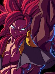 Rule 34 | 1boy, arm up, black background, black vest, blue eyes, body fur, brown fur, cropped vest, dragon ball, dragon ball gt, fu sonkun, gogeta, highres, long hair, looking at viewer, metamoran vest, no shoes, red hair, simple background, smirk, solo, spiked hair, super saiyan, super saiyan 4, upper body, vest