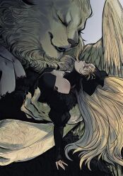 1girl animal black_dress blonde_hair chinese_commentary closed_eyes commentary demon dress dungeon_meshi highres lion long_hair looking_at_another marcille_donato marcille_donato_(lord) very_long_hair winged_lion_(dungeon_meshi) yonghu7745813147