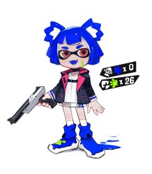 1girl alternate_species animal_ears arms_at_sides bear_ears bear_girl belt black_belt black_choker black_coat blue_hair blue_leg_warmers blue_shoes blunt_bangs blunt_ends blunt_sidelocks bob_cut buckle chest_belt choker coat commentary company_name contrapposto dot_nose dress english_commentary fangs finger_on_trigger flat_chest gameplay_mechanics go!_go!_gris! grin gris_(go!_go!_gris!) gun handgun highres holding holding_gun holding_weapon hood hood_down hooded_coat ink ink_on_clothes ink_on_face inkling invisible_floor kneehighs leg_warmers light_blush logo long_sleeves looking_at_viewer n-zap_(splatoon) narrowed_eyes nes_zapper nintendo open_clothes open_coat open_hand original pink_coat pink_eyes puddle red_eyes see-through_clothes see-through_skirt see-through_sleeves shoes short_dress short_hair sidelocks simple_background skirt slip-on_shoes smile snap-fit_buckle socks solo splatoon_(series) standing tentacle_hair thick_eyebrows thighs two-sided_coat two-sided_fabric underbust v-shaped_eyebrows vertigris weapon white_background white_dress white_socks