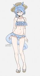 1girl animal_ears bare_shoulders bikini blue_bikini blue_hair blush collarbone commentary_request dated fingernails flip-flops flower frilled_bikini frills full_body grey_background hair_flower hair_ornament half-closed_eyes hat highres horse_ears horse_girl horse_tail k.s.miracle_(umamusume) looking_at_viewer navel purple_eyes sandals saramiao-chan smile solo standing stomach swimsuit tail toenails twitter_username umamusume