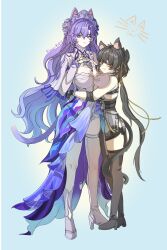 2girls :q absurdres animal_ear_fluff animal_ears asymmetrical_legwear bare_shoulders black_boots black_dress black_gloves black_hair black_shorts blue_background boots breasts cantarella_(wuthering_waves) cat_ears chinese_commentary closed_mouth commentary commentary_request dress earrings elbow_pads english_commentary female_rover_(wuthering_waves) full_body gloves hair_between_eyes hair_ribbon headdress high_heels highres hug jewelry kemonomimi_mode kneehighs korean_commentary large_breasts le_wen legwear_cutout long_hair looking_at_viewer low_ponytail mixed-language_commentary multiple_girls nail_polish ponytail purple_eyes purple_hair purple_nails ribbon rover_(wuthering_waves) shoes short_shorts shorts shrug_(clothing) single_kneehigh single_sock single_thighhigh sleeveless sleeveless_dress smile socks thigh_boots thighhighs thighs tongue tongue_out uneven_legwear very_long_hair white_dress white_shoes white_shrug white_socks white_thighhighs wuthering_waves yellow_eyes yellow_ribbon