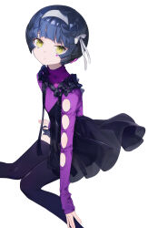 1girl absurdres arm_cutout arm_support aru_(sinsekai) black_bloomers black_pantyhose black_skirt bloomers blue_hair breasts clothing_cutout daisi_gi facial_mark flower_facial_mark full_body hair_ornament highres kamitsubaki_studio long_sleeves looking_at_viewer multicolored_hair original pantyhose pleated_skirt purple_shirt see-through_clothes see-through_skirt shirt short_hair simple_background sinsekai_record sitting skirt smile solo streaked_hair underwear virtual_youtuber white_background x x_facial_mark yellow_eyes