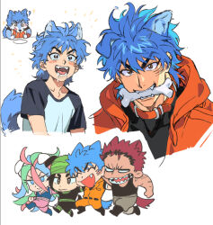 4boys aged_down animal_collar animal_ears black_shirt blue_hair blush bone_in_mouth coco_(toriko) collar collarbone dog_ears dog_tail drooling fangs green_turban hair_between_eyes hood hood_down kemonomimi_mode male_focus multicolored_hair multiple_boys multiple_views open_mouth qin_(7833198) sharp_teeth shirt sunny_(toriko) t-shirt tail teeth toriko toriko_(series) zebra_(toriko)