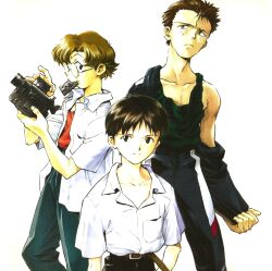 Rule 34 | 3boys, absurdres, aida kensuke, belt, brown belt, glasses, highres, ikari shinji, looking at viewer, multiple boys, neon genesis evangelion, official art, sadamoto yoshiyuki, school uniform, shirt, simple background, smile, suzuhara touji, tokyo-3 middle school uniform, video camera, white background, white shirt