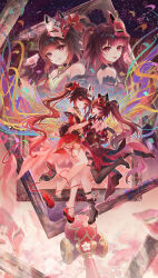 2girls absurdres bare_shoulders bell black_choker black_gloves black_sash black_shoes brown_hair chinese_commentary choker commentary_request detached_sleeves dress dual_persona fox_mask gloves gun gun_to_head halterneck henjiwumei highres holding holding_gun holding_weapon honkai:_star_rail honkai_(series) honkai_impact_3rd long_hair looking_at_viewer mark_under_both_eyes mask mask_on_head multiple_girls red_dress red_sleeves sash shoes smile sparkle_(fictitious_game)_(honkai:_star_rail) sparkle_(honkai:_star_rail) teardrop_facial_mark tongue tongue_out twintails unworn_shoes very_long_hair weapon