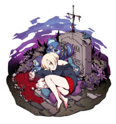 10s 1girl absurdres ass bad_id bad_pixiv_id bags_under_eyes bare_legs barefoot black_panties blonde_hair ear_piercing earrings female_focus grave graveyard hair_over_one_eye highres hood hoodie idolmaster idolmaster_cinderella_girls jewelry kaki_gohri long_sleeves looking_at_viewer lying on_side open_mouth panties piercing red_eyes shirasaka_koume short_hair sleeves_past_wrists solo stuffed_animal stuffed_toy teddy_bear tombstone underwear