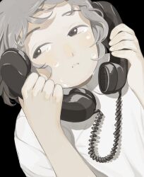 1other black_background blue_let11 commentary corded_phone crying dutch_angle english_commentary grey_hair hands_up highres holding holding_phone lonely original phone shirt short_hair sideways_glance simple_background solo symbolism talking_on_phone upper_body white_shirt