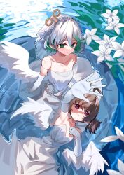 2girls absurdres ahoge alternate_costume angel_wings bridal_veil brown_hair cecilia_immergreen doll_joints dress elbow_gloves gigi_murin gloves green_eyes green_hair grey_hair highres hololive hololive_english jewelry joints multicolored_hair multiple_girls pink_eyes ring short_hair smile strapless streaked_hair trap_(drthumt) twintails two-tone_hair veil virtual_youtuber white_dress white_gloves winding_key wings