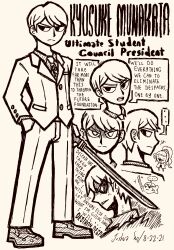 Rule 34 | ..., 1boy, 1girl, absurdres, character name, closed mouth, collared jacket, collared shirt, danganronpa (series), danganronpa 3 (anime), dated, doodle inset, english text, full body, greyscale, hand in pocket, hatching (texture), highres, holding, holding sword, holding weapon, jacket, josh-s26, long hair, long sleeves, monochrome, multiple views, munakata kyousuke, necktie, open mouth, pants, partially shaded face, ponytail, shirt, shoes, short hair, signature, simple background, speech bubble, standing, sword, teeth, upper teeth only, v-shaped eyebrows, weapon, white background, yukizome chisa