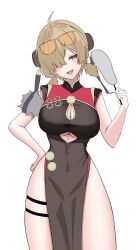 1girl black_dress breasts brown_hair china_dress chinese_clothes cleavage cleavage_cutout clothing_cutout cowboy_shot dress hair_over_one_eye hand_fan hand_on_own_hip hand_up head_tilt highres holding holding_fan kushinaka light_blush looking_at_viewer open_mouth simple_background sleeveless sleeveless_dress solo sweety_(zenless_zone_zero) thigh_strap underboob_cutout white_background zenless_zone_zero