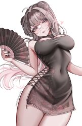Rule 34 | 1girl, absurdres, bare shoulders, black dress, black nails, blush, breasts, brown hair, chaisia art, china dress, chinese clothes, cleavage, commentary, covered navel, cowboy shot, double bun, dress, english commentary, fingernails, folding fan, glasses, green eyes, hair between eyes, hair bun, hair ornament, hairclip, hand fan, hand up, heart, highres, holding, holding fan, lips, long hair, looking at viewer, medium breasts, michi (chaisia art), multicolored hair, nail polish, original, paid reward available, parted lips, patreon username, pink hair, round eyewear, side-tie dress, simple background, sleeveless, sleeveless dress, solo, very long hair, white background