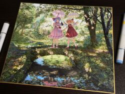 2girls :o art_tools_in_frame ascot bat_wings bridge closed_mouth clothes_grab collared_shirt commentary_request dappled_sunlight day fern flandre_scarlet forest frilled_shirt_collar frilled_skirt frills hat hat_ribbon highres holding holding_umbrella marker_(medium) mob_cap moss multiple_girls nature outdoors photo_(medium) pink_hair pink_hat pink_shirt pink_skirt puffy_short_sleeves puffy_sleeves red_eyes red_ribbon red_shoes red_skirt red_vest reflection reflective_water remilia_scarlet ribbon ribbon-trimmed_skirt ribbon_trim shiratama_(hockey) shirt shoes short_sleeves siblings sisters skirt skirt_grab socks sunlight touhou traditional_media tree umbrella vest water white_hat white_shirt white_shoes white_socks white_umbrella wings wrist_cuffs yellow_ascot