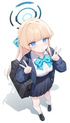 Rule 34 | 1girl, :o, absurdres, aqua bow, aqua bowtie, bag, black cardigan, black shoes, black skirt, blonde hair, blue archive, blue eyes, blue hair, blue halo, blunt bangs, blush, bow, bowtie, cardigan, collared shirt, double v, dress shirt, foreshortening, from above, full body, hair bow, hair intakes, halo, hands up, highres, kneehighs, loafers, long hair, looking at viewer, miniskirt, miyayoki, multicolored hair, official alternate costume, official alternate hairstyle, open cardigan, open clothes, open mouth, pleated skirt, school bag, school uniform, shadow, shirt, shoes, single sidelock, skirt, sleeves past wrists, socks, solo, straight hair, streaked hair, toki (blue archive), toki (school uniform) (blue archive), v, white shirt, white socks
