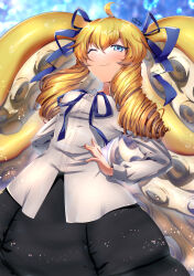 Rule 34 | 1girl, ;), ahoge, arm behind back, black skirt, blonde hair, blue eyes, blue ribbon, blush, breasts, closed mouth, commentary request, drill hair, emily (mon-musu quest!), hair between eyes, hair ribbon, hand on own hip, highres, long hair, long skirt, long sleeves, looking at viewer, medium breasts, mon-musu quest!, monster girl, neck ribbon, one eye closed, partial commentary, ribbon, shirt, signature, skirt, smile, solo, standing, suou sakura, tentacle hair, twin drills, very long hair, white shirt