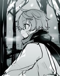 1boy aged_down ahoge bandaid bandaid_on_cheek bandaid_on_face bare_tree blush breath closed_mouth coat commentary_request from_side genshin_impact greyscale looking_ahead male_focus monochrome profile ra_suya scarf short_hair smile snowing solo split_mouth tartaglia_(genshin_impact) tree upper_body very_short_hair walking winter_clothes winter_coat