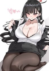 1girl :q absurdres black_bra black_hair black_jacket black_pantyhose black_skirt blazer blue_archive blush bra breasts cleavage commentary_request cream cream_on_breasts cream_on_face earrings food food_on_face hair_ornament hairclip halo highres jacket jewelry large_breasts long_hair looking_at_viewer pantyhose pencil_skirt red_eyes ringed_eyes rio_(blue_archive) skirt smile solo tongue tongue_out underwear variant_set very_long_hair woo_(woosan)