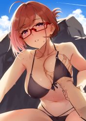 1boy 1girl 92m absurdres ahoge aircraft airplane armpit_crease bare_shoulders bikini black_bikini blue_sky blush breasts brown_hair cloud collarbone commentary_request contrail folded_ponytail glasses grabbing_another&#039;s_breast grabbing_another&#039;s_breast groping guided_breast_grab guiding_hand hand_under_clothes hand_under_swimsuit highres holding_another&#039;s_arm kinshi_no_ane_(92m) large_breasts looking_at_viewer navel original outdoors pink_eyes pov pov_hands red-framed_eyewear red_hair rock short_hair sky swimsuit wet