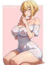 1girl absurdres bare_shoulders blonde_hair blue_eyes blush border breasts cleavage collarbone commentary covered_erect_nipples en&#039;en_no_shouboutai grey_background hair_between_eyes half-closed_eyes hands_up highres iris_(en&#039;en_no_shouboutai) large_breasts looking_at_viewer no_bra no_pants outside_border patreon_username reus_(cetta) seiza shirt short_hair simple_background sitting solo steepled_fingers thighs watermark web_address wet wet_clothes wet_shirt white_border white_shirt