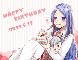 1girl :p assault_lily blue_hair blush braid breasts brown_skirt cake cake_slice character_doll closed_mouth collared_shirt commentary dated feet_out_of_frame food food_on_face frilled_skirt frills fruit hair_ribbon hands_up happy_birthday heart holding holding_plate houjou_monica_asahi jewelry knees_up leg_ribbon light_smile long_hair long_sleeves looking_at_viewer ludvico_private_girls&#039;_academy_school_uniform medium_breasts miniskirt nigari_(ngari_0115) parted_bangs pendant pink_background plaid_clothes plaid_skirt plate purple_eyes red_ribbon ribbon school_uniform shirt side_braids sidelocks sitting skirt solo strawberry strawberry_shortcake striped_background suspenders tachibana_theresia_nagisa thigh_ribbon thighhighs tongue tongue_out twin_braids white_shirt white_thighhighs