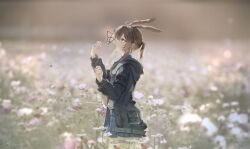 1girl absurdres amiya_(arknights) animal_ears arknights black_jacket blue_eyes blurry blurry_background brown_hair bug butterfly butterfly_on_nose cowboy_shot day depth_of_field flower from_side highres hood hood_down hooded_jacket insect jacket jewelry korean_commentary kuru9763 long_sleeves medium_hair multiple_rings outdoors parted_lips photo_background pink_flower ponytail profile ring sidelocks solo standing thighlet