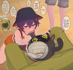 1girl 2boys @_@ bangboo_(zenless_zone_zero) belle_(summer_skies)_(zenless_zone_zero) belle_(zenless_zone_zero) blue_eyes bucket_hat chair english_text erection fellatio from_above hair_between_eyes hair_ornament hat hetero kneeling letter_hair_ornament multiple_boys on_chair oral penis purple_hair short_hair solo_focus speech_bubble standing sunggou thought_bubble wise_(peaceful_waves)_(zenless_zone_zero) wise_(zenless_zone_zero) zenless_zone_zero