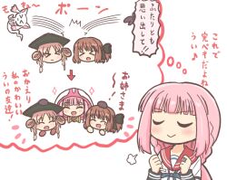 &gt;_&lt; 1girl arrow_(symbol) bad_id bad_pixiv_id blue_ribbon blunt_bangs brown_hair chibi closed_eyes closed_mouth commentary_request hands_up hiiragi_nemu imagining kamihama_university_affiliated_school_uniform layered_sleeves long_hair long_sleeves magia_record:_mahou_shoujo_madoka_magica_gaiden magical_girl mahou_shoujo_madoka_magica neck_ribbon open_mouth pink_hair puff_of_air red_sailor_collar reverse_(bluefencer) ribbon sailor_collar satomi_touka school_uniform shirt short_over_long_sleeves short_sleeves sidelocks small_kyubey smile solo speech_bubble tamaki_iroha thought_bubble throwing translation_request upper_body white_background white_shirt