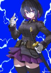 Rule 34 | 1girl, absurdres, belt, belt pouch, black hair, black jacket, black thighhighs, blue background, breasts, chinese commentary, closed mouth, colored inner hair, commentary request, commission, cowboy shot, electricity, electrokinesis, expressionless, gloves, hair between eyes, highres, holding, holding sheath, impossible clothes, impossible jacket, jacket, jun (navigavi), katana, large breasts, long sleeves, looking at viewer, miniskirt, multicolored hair, no pupils, original, pleated skirt, pouch, purple eyes, purple hair, purple skirt, sheath, sheathed, short hair, skeb commission, skirt, solo, standing, sword, thighhighs, two-tone hair, utility belt, watermark, weapon, weibo watermark, white gloves