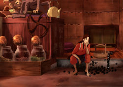 1boy 1girl absurdres anime_coloring bald barefoot bowl brown_hair bucket eating extra_arms facial_hair glasses highres indoors kamajii lin_(sen_to_chihiro_no_kamikakushi) long_hair mustache official_style parted_bangs sen_to_chihiro_no_kamikakushi sitting studio_ghibli susuwatari tasuki teapot tukuso wheel