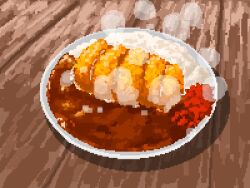 chicken_(food) curry cutlet food food_focus fried_chicken fukujinzuke highres hisachan55cute no_humans original pixel_art rice simple_background steaming_food still_life yakitori