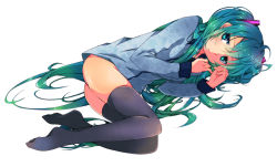 Rule 34 | 1girl, bad id, bad pixiv id, female focus, green eyes, green hair, hatsune miku, long hair, lying, matching hair/eyes, on side, ryuuga sazanami, simple background, solo, thighhighs, very long hair, vocaloid, white background