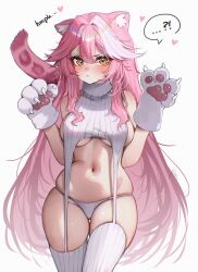 !? 1girl :&lt; absurdres alternate_costume animal_ear_fluff animal_ears animal_hands blush breasts closed_mouth commentary cowboy_shot english_commentary gloves hair_between_eyes hair_intakes hands_up highres hololive hololive_english large_breasts long_hair looking_at_viewer meme_attire multicolored_hair navel panther_ears panther_girl panther_tail paw_gloves pink_hair pout raora_panthera rosebell simple_background skindentation solo speech_bubble spoken_interrobang stomach streaked_hair sweater tail thighhighs thighs underboob very_long_hair virgin_destroyer_sweater virtual_youtuber white_background white_gloves white_hair white_sweater white_thighhighs yellow_eyes