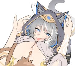 2girls absurdres aglaea_(honkai:_star_rail) animal_ear_fluff animal_ears breasts cat_ears cat_girl cat_tail cipher_(honkai:_star_rail) eclair_yuri eyes_visible_through_hair fang highres honkai:_star_rail honkai_(series) hood large_breasts looking_at_viewer multiple_girls pov sketch tail yuri