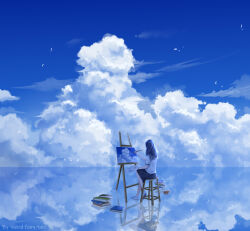 1girl art_brush blue_sky blue_theme book book_stack canvas_(object) cloud commentary_request day easel facing_away guiyi_tonghua highres holding holding_brush holding_paint_palette long_hair original outdoors paint_palette paintbrush painting_(action) painting_(object) pleated_skirt reflection sailor_collar salar_de_uyuni salt_flats scenery shirt shoes short_sleeves sitting skirt sky socks solo stool white_shirt white_shoes white_socks wide_shot