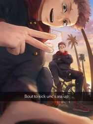 Rule 34 | 2boys, absurdres, ball, basketball (object), bicycle, crossed arms, extra eyes, gakuran, highres, hood, hoodie, itadori yuuji, jujutsu kaisen, jujutsu tech uniform, male focus, mon (icebuko), multiple boys, pink hair, ryoumen sukuna (jujutsu kaisen), ryoumen sukuna (true form) (jujutsu kaisen), school uniform, selfie, sitting, spiked hair, undercut