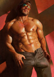1boy abs absurdres arm_hair backwards_hat bara bare_pectorals baseball_cap beard black_pants broad_shoulders brown_hair bulge clothes_lift collarbone commentary covered_penis english_commentary facial_hair feet_out_of_frame grand_theft_auto grand_theft_auto_vi hand_on_own_hip hat head_tilt highres jason_duval jewelry male_focus muscular muscular_male navel necklace nipples open_pants pants pectorals print_shirt qaisan shiny_skin shirt shirt_lift short_hair solo sparkle standing sunglasses tattoo veins veiny_hands