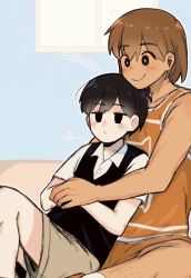 2boys alternate_eye_color antenna_hair black_sweater_vest bright_pupils brown_hair brown_shorts collarbone collared_shirt dark-skinned_male dark_skin highres hug kel_(faraway)_(omori) kel_(omori) male_focus multiple_boys omori orange_shorts pasuta928008 shirt short_hair shorts sitting sunny_(omori) sweater_vest white_pupils white_shirt yaoi