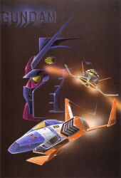 1970s_(style) 1980s_(style) absurdres canopy_(aircraft) character_name core_fighter dopp earth_federation flying gun gundam highres machine_gun machinery mecha mobile_suit mobile_suit_gundam no_humans official_art oldschool ookawara_kunio painting_(medium) poster_(medium) production_art promotional_art realistic retro_artstyle robot rx-78-2_gundam scan science_fiction spacecraft starfighter thrusters title traditional_media v-fin weapon yellow_eyes zeon