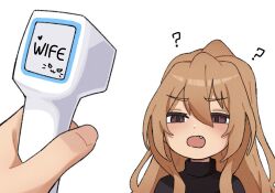 1girl ? aisaka_taiga black_sweater blush brown_eyes brown_hair commentary digital_thermometer english_commentary english_text fang hair_between_eyes koonowen long_hair open_mouth simple_background sweater thermometer toradora! upper_body white_background