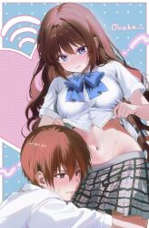 1boy 1girl 3: a-chan_(little_busters!) blue_background blue_bow blue_bowtie blue_eyes blush border bow bowtie breasts brown_eyes brown_hair closed_mouth clothes_lift collared_shirt commentary_request cowboy_shot dress_shirt embarrassed eyelashes eyes_visible_through_hair frown grey_skirt hair_between_eyes heart hetero highres large_breasts leaning_forward lifting_own_clothes lips little_busters! little_busters!_school_uniform long_hair looking_at_another looking_down midriff miiizuno_lbs miniskirt natsume_kyousuke navel nose outline outside_border plaid_clothes plaid_skirt pleated_skirt presenting_stomach romaji_text school_uniform shirt shirt_lift short_hair short_sleeves simple_background skirt split_mouth sweat sweatdrop tsurime upper_body v-shaped_eyebrows very_long_hair wavy_hair white_border white_outline white_shirt