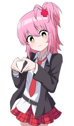 Rule 34 | belt, black belt, black jacket, breasts, checkered clothes, checkered skirt, guardian chara, hair between eyes, heart, heart hands, highres, hinamori amu, jacket, long hair, necktie, pink hair, red necktie, red skirt, shirt, shugo chara!, simple background, skirt, small breasts, thighs, user scwy5773, white background, white shirt, yellow eyes