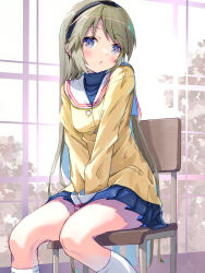 Rule 34 | 1girl, :o, akayama yukihe, black hairband, blazer, blue eyes, blue shirt, blue skirt, blush, clannad, commentary request, feet out of frame, grey hair, hairband, highres, hikarizaka private high school uniform, indoors, jacket, kneehighs, long hair, long sleeves, looking at viewer, miniskirt, on chair, open mouth, parted bangs, pleated skirt, sailor collar, sakagami tomoyo, school uniform, serafuku, shirt, sidelocks, sitting, skirt, socks, solo, split mouth, tareme, turtleneck, v arms, very long hair, white sailor collar, white socks, window, yellow jacket