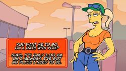 1girl breasts curvy day denim english_text evening fake_screenshot full_body galactabee gavin&#039;s_mom grin half-closed_eyes hands_on_own_hips hetero jacket large_breasts looking_at_another looking_at_viewer mature_female no_bra official_style parody ponytail road simple_background smile street sunglasses_on_head tank_top the_simpsons wide_hips
