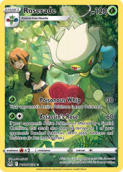 1girl artist_name belt black_belt black_hair card_(medium) character_name company_name copyright_name copyright_notice english_text forest gardenia_(pokemon) gen_3_pokemon gen_4_pokemon grass green_poncho green_shoes long_sleeves midriff multicolored_hair nature nintendo official_art open_mouth orange_hair orange_shorts outdoors pokemon pokemon_(creature) pokemon_card pokemon_dppt pokemon_tcg red_eyes roselia_(pokemon) roserade saino_misaki scared shoes short_hair shorts sidelocks third-party_source trading_card two-tone_hair