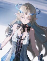 1girl bare_shoulders black_collar black_dress blonde_hair blue_eyes blue_hair breasts closed_mouth collar colored_inner_hair commentary crown_of_thorns ddcc0123 dress earrings fleurdelys_(wuthering_waves) floating_earrings hashtag-only_commentary highres horns jewelry large_breasts long_hair looking_at_viewer multicolored_hair necklace pointy_ears sidelocks single_horn solo tacet_mark_(wuthering_waves) upper_body very_long_hair wuthering_waves yellow_horns